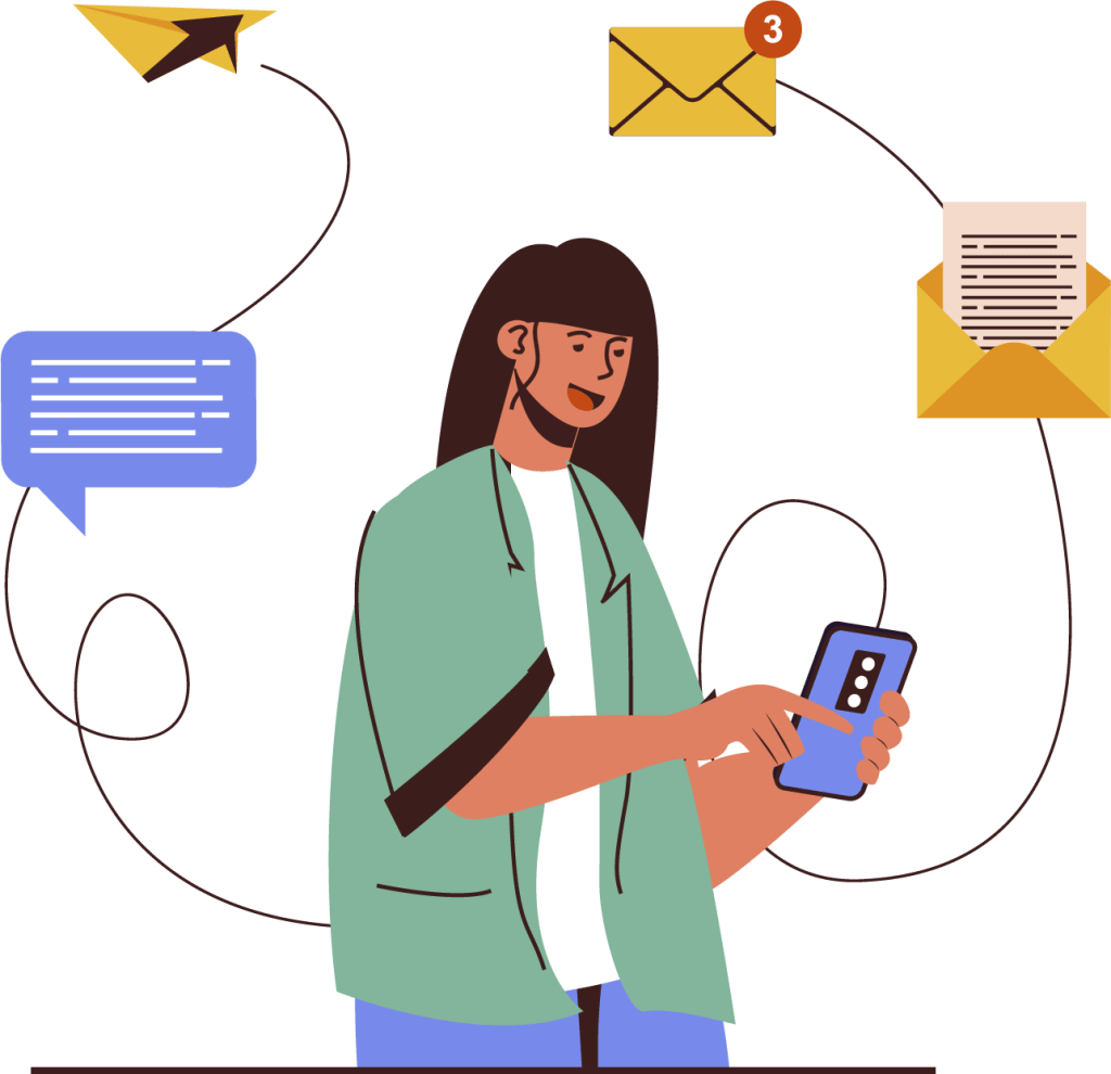 Illustration of woman using a smartphone to send emails and text messages.